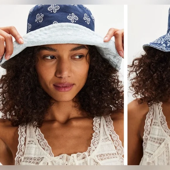 NWT Free People Bandana Bucket Hat - blue - one size - Picture 6 of 11